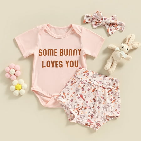 

Newborn Baby Girl Easter Outfit Bunny Letter Short Sleeve Romper Shorts Headband 3Pcs Summer Clothes