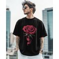 thumbnail image 4 of Men's T Shirts, Romantic Dark Red Ribbon Rose Floral T-Shirt for Men Crew Neck Tees Cotton Tops, Black, M, 4 of 9