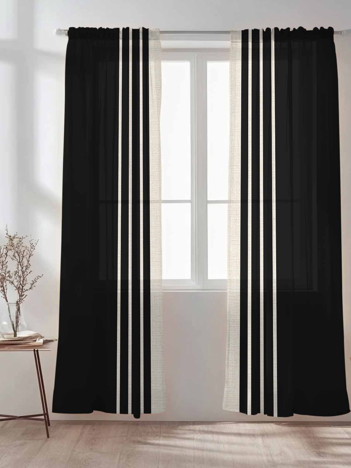 Black Stripe Line Chiffon Sheer Curtains 84 Inches Long, Retro Linen 2 Rod Pocket Window Treatment Voile Drapes Curtains for Living Room Bedroom,2 Panels, 52x84In