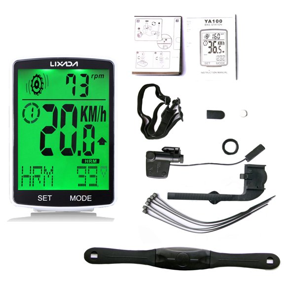 LIXADA 3 in 1 Wireless Bike Computer Multi Functional LCD Screen Computer with Heart Rate Sensor Mountain Bike Speedometer IPX7 Waterproof Cycling Measurable Stopwatch White Green backlight
