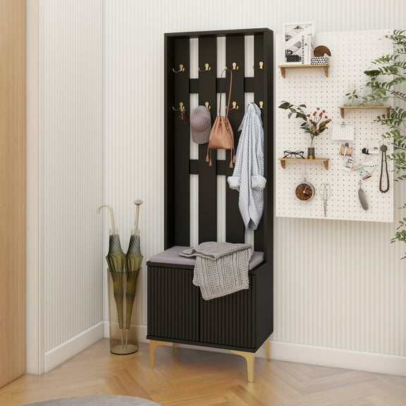 Modern Luxury 4-in-1 Hall Tree with Cushion, Versatile Coat Rack with 8 Gold Hooks and Legs, Entryway Bench with Adjustable Shelves & Fluted Doors for Hallway, Living Room, Black, 23.6"*70.8"