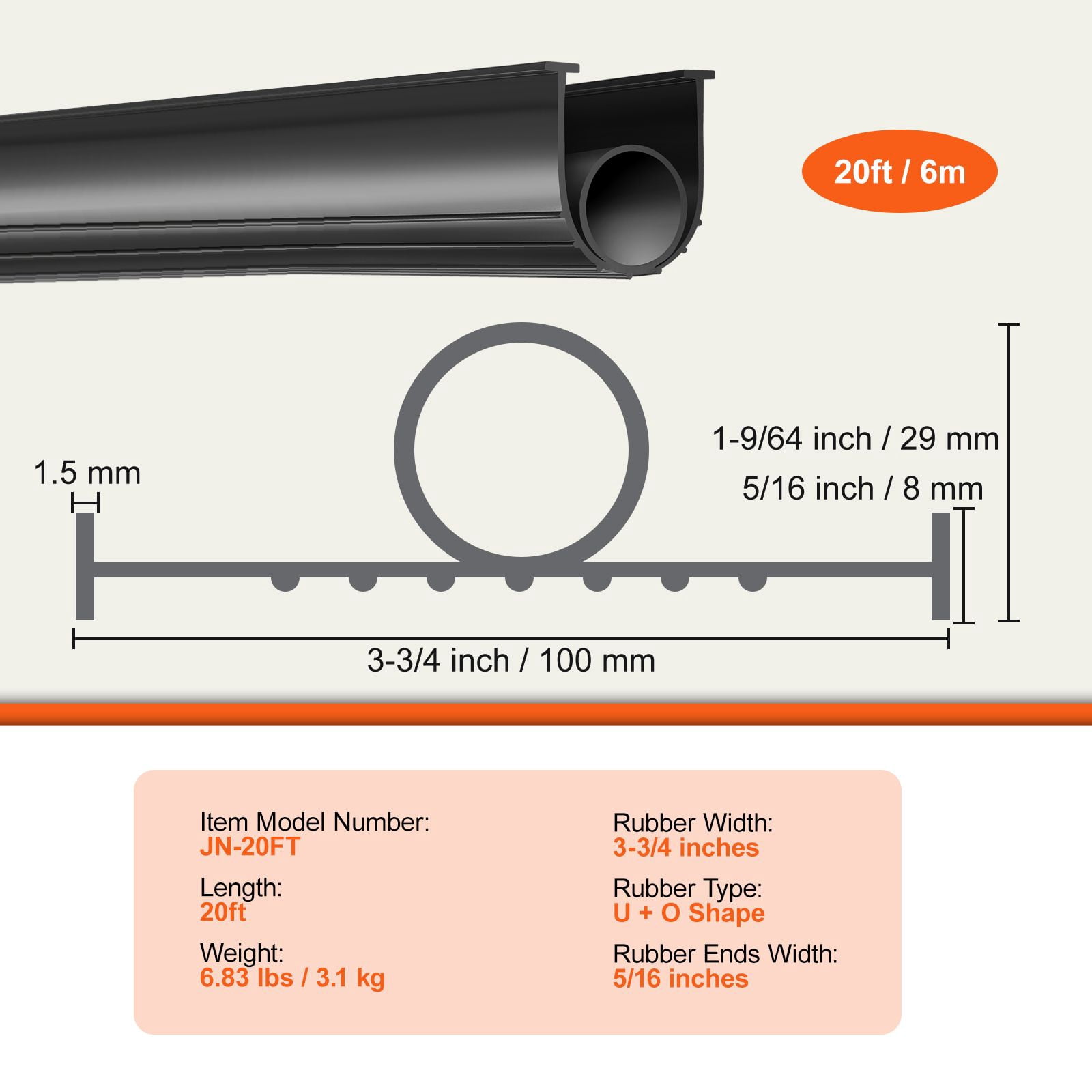 20ft Garage Door Bottom Seal with U-Shape + O-Ring Design, 5/16" T-End, Heavy-Duty Rubber, 7-Layer Insulation, Weatherproof for Garage Doors