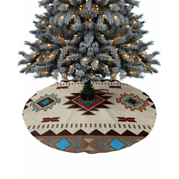 Blue Brown Western Christmas Tree Skirt 36 Inches Large Christmas Skirt Tree, Southwest Modern Geometric Abstract Art Tree Skirt Christmas Decorations for Fireplace Party Holidays Indoor Outdoor