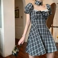 thumbnail image 2 of Rétro Plaid Puff Manches Robe Coréenne Mode Taille Haute Slim Robes Femmes Col Carré Robe Arc Noir XL, 2 of 5