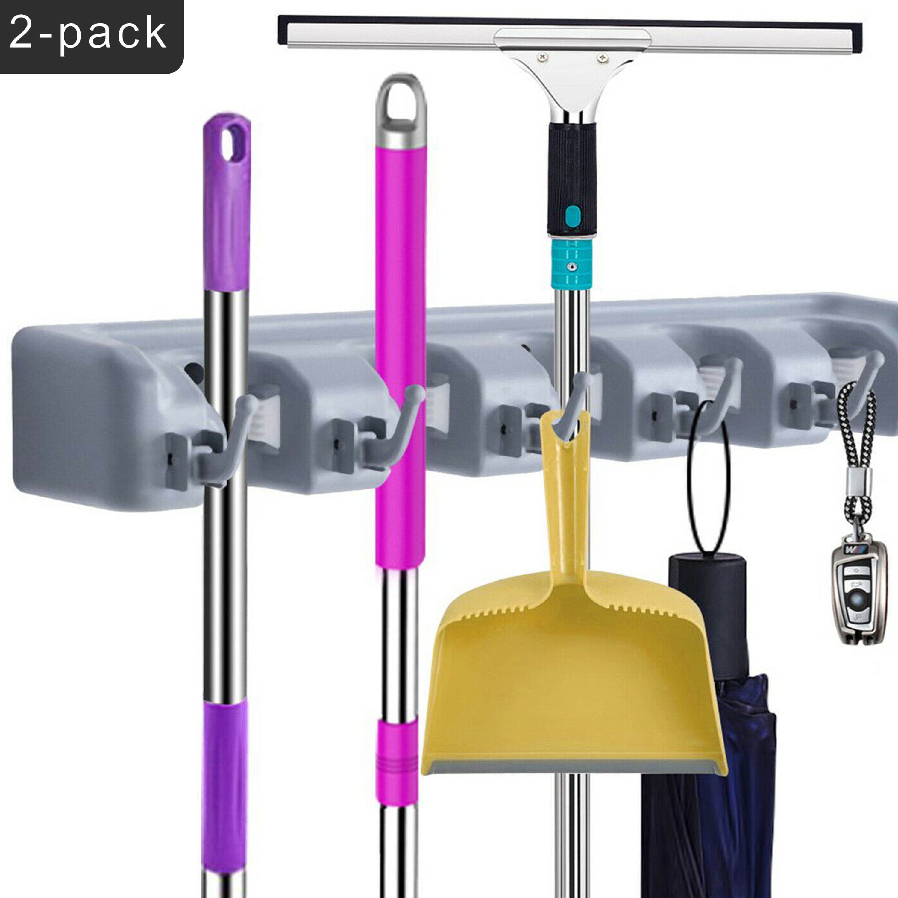 WZCPCV 2Pcs Broom Holder Wall Mounted Tool Rack,4 Position 5 Hooks for Kitchen Laundry Room Closet Garden