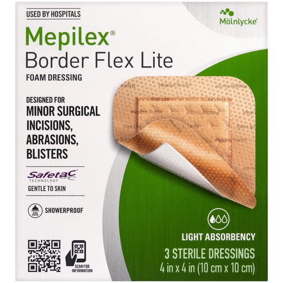 Mepilex Border Flex Lite 4x4 in Hospital Grade Dressings for Minor Surgical Incisions, Abrasions and Blisters for up to Several Day Use, 3 Count