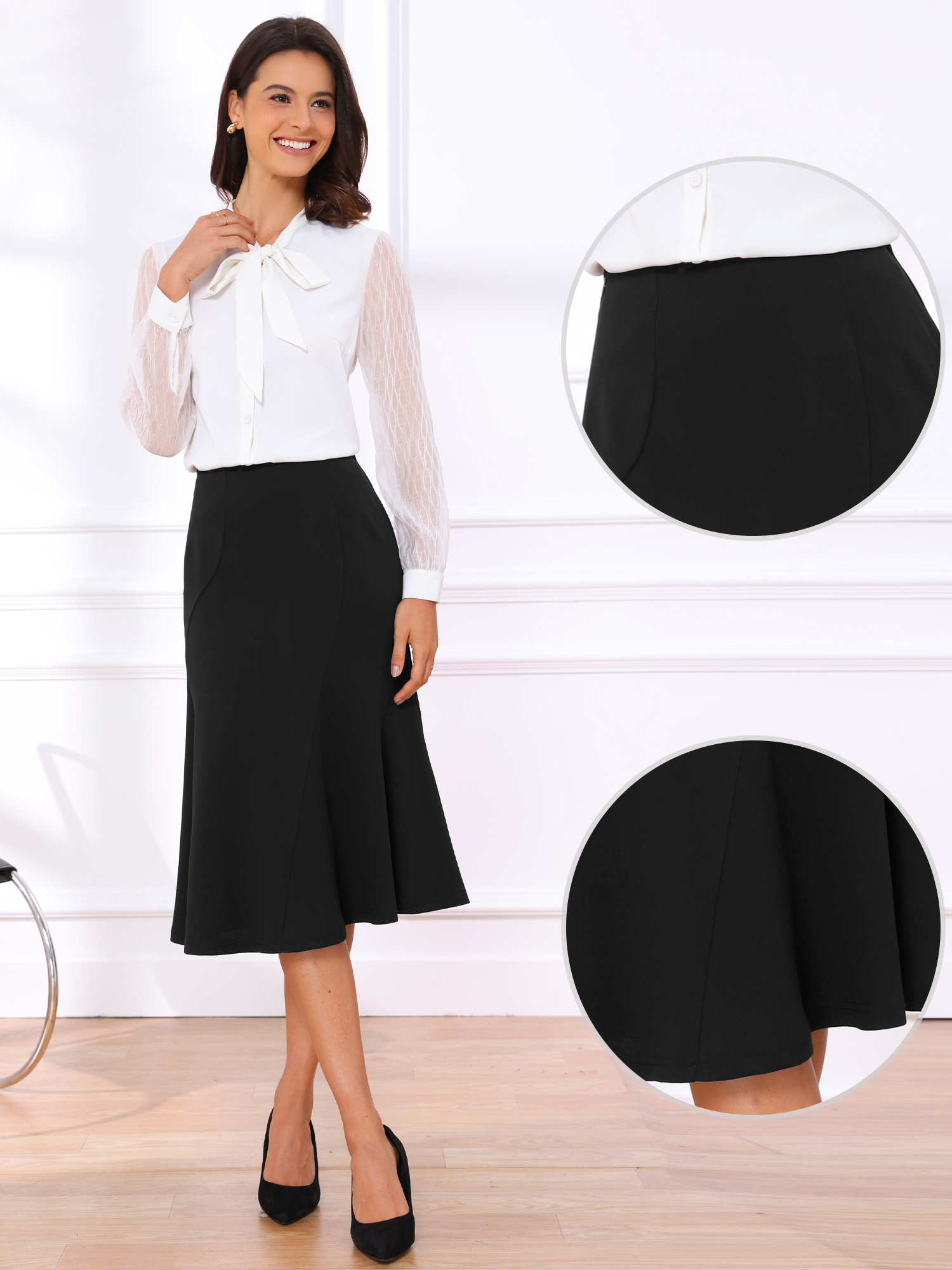 DARING DIVA Women's High Waisted Business Fishtail Midi Skirt XS Black