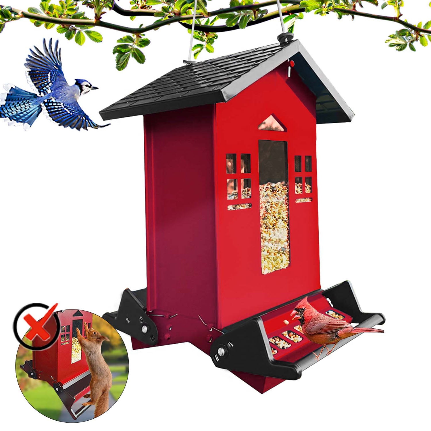 5lbs Squirrel Proof Bird Feeder, Red Metal Bird Seed Feeder for Outdoors Hanging Chew-Proof, Large Seed Capacity for Cardinal, Wild Bird, Finch, Sparrow, Blue Jay, Swallow, Parrot