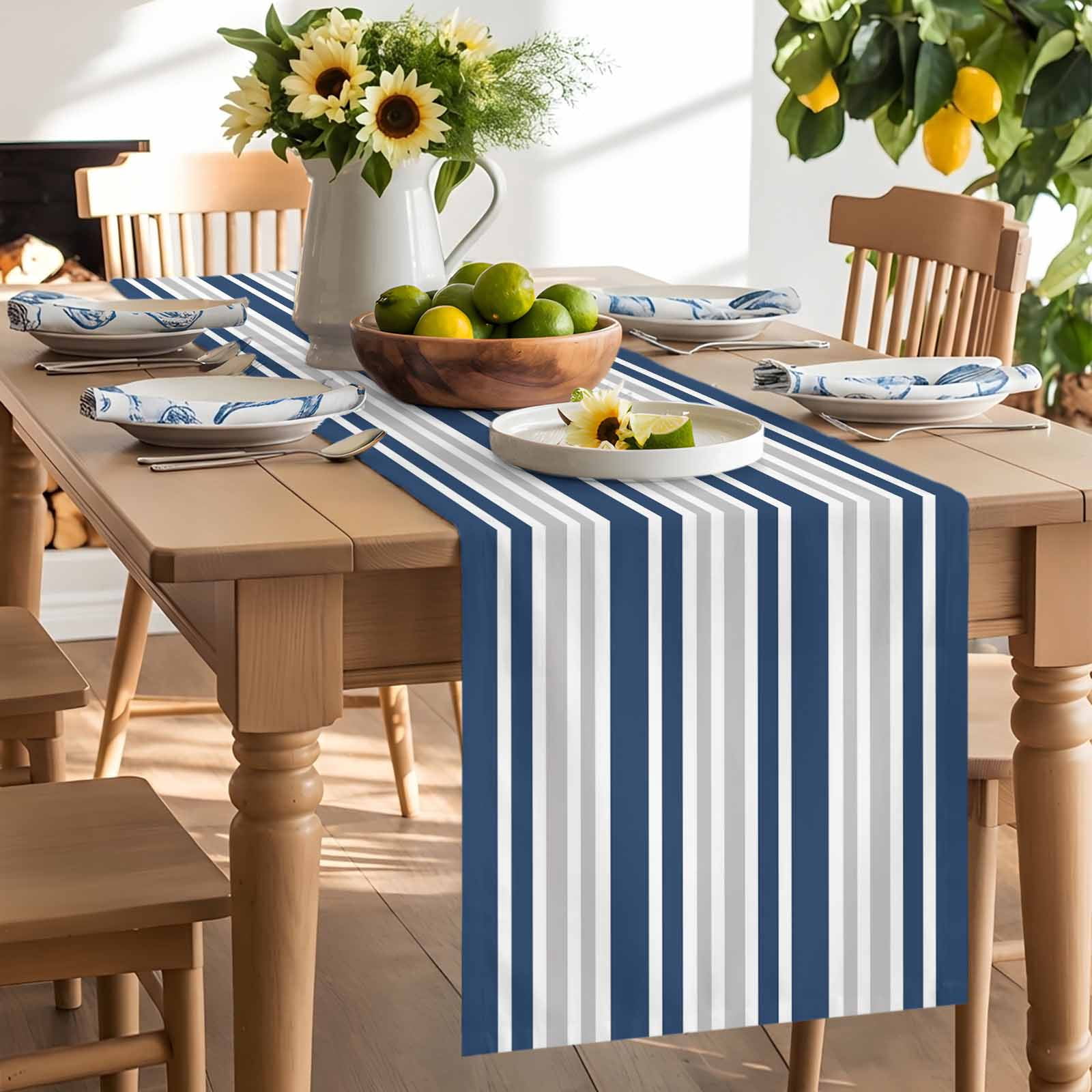 Classic Modern Striped Table Runner 90 Inches Long, Grey White Navy Blue Table Runners Tabletop Scarf Kitchen Dining Tables Decoration for Home Party Indoor Outdoor