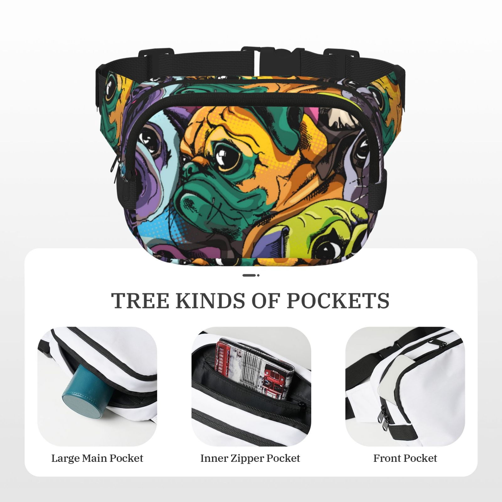 Picia Colorful Pug Print Square Double-Layer Waist Bag Mini Adjustable Waist Belt Bag Exercise Running Travel Hiking
