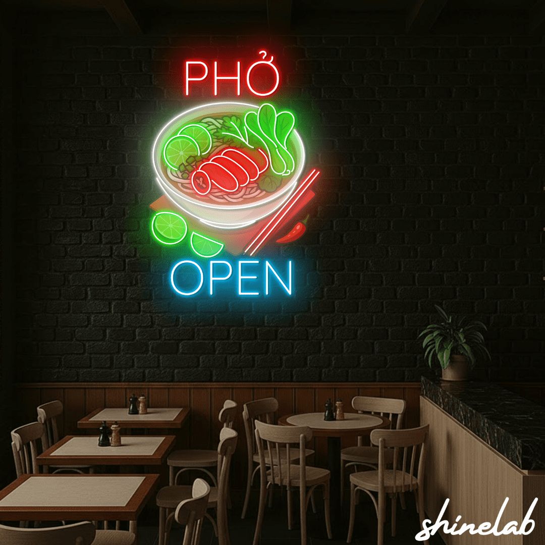 ShineLab Pho Open Neon Sign, Vietnamese Food Led Sign, Restaurant Decor