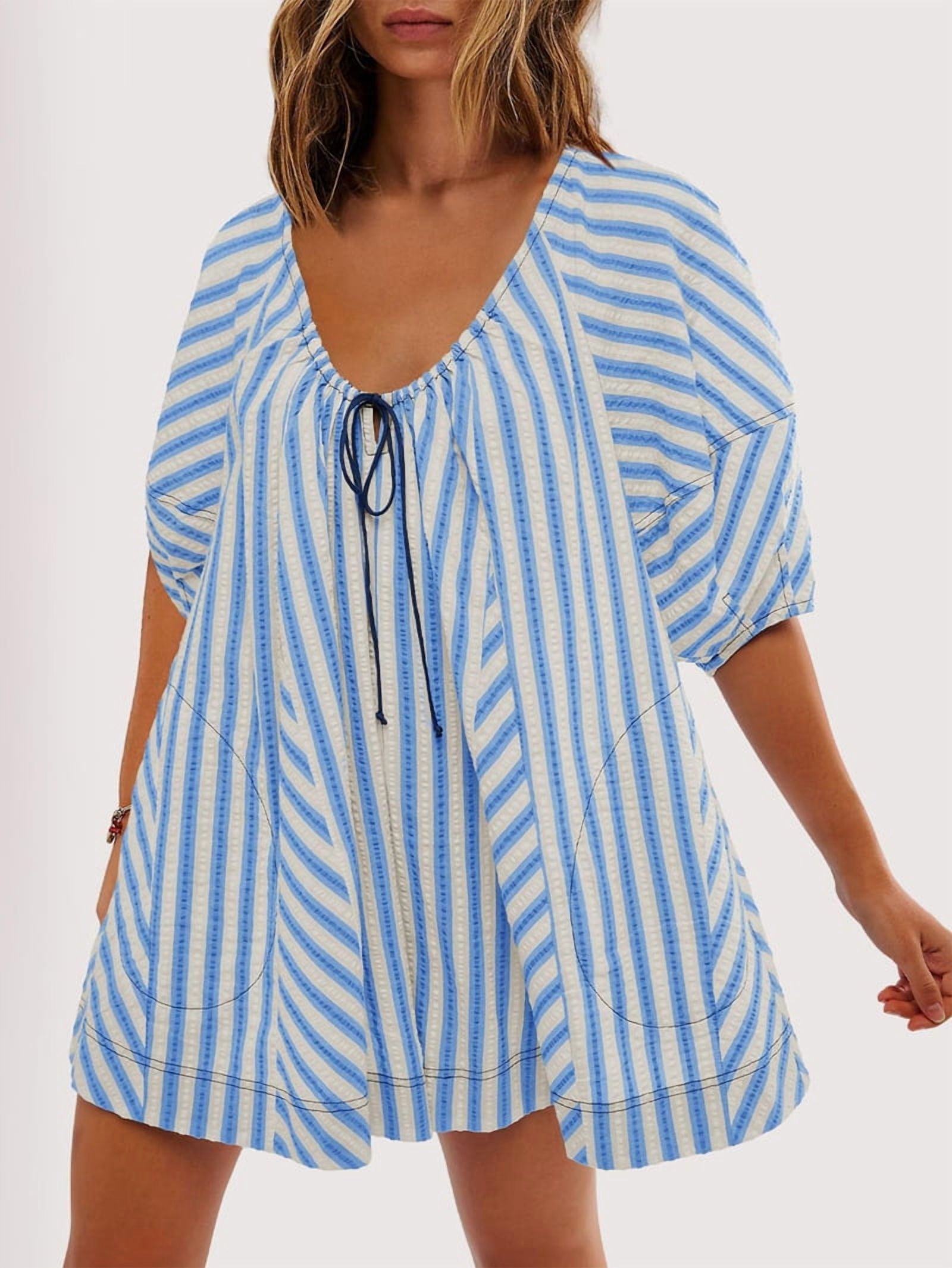 Womens Oversized Striped Romper Dress Shorts Jumpsuit Beach Vacation Clothes with Pockets