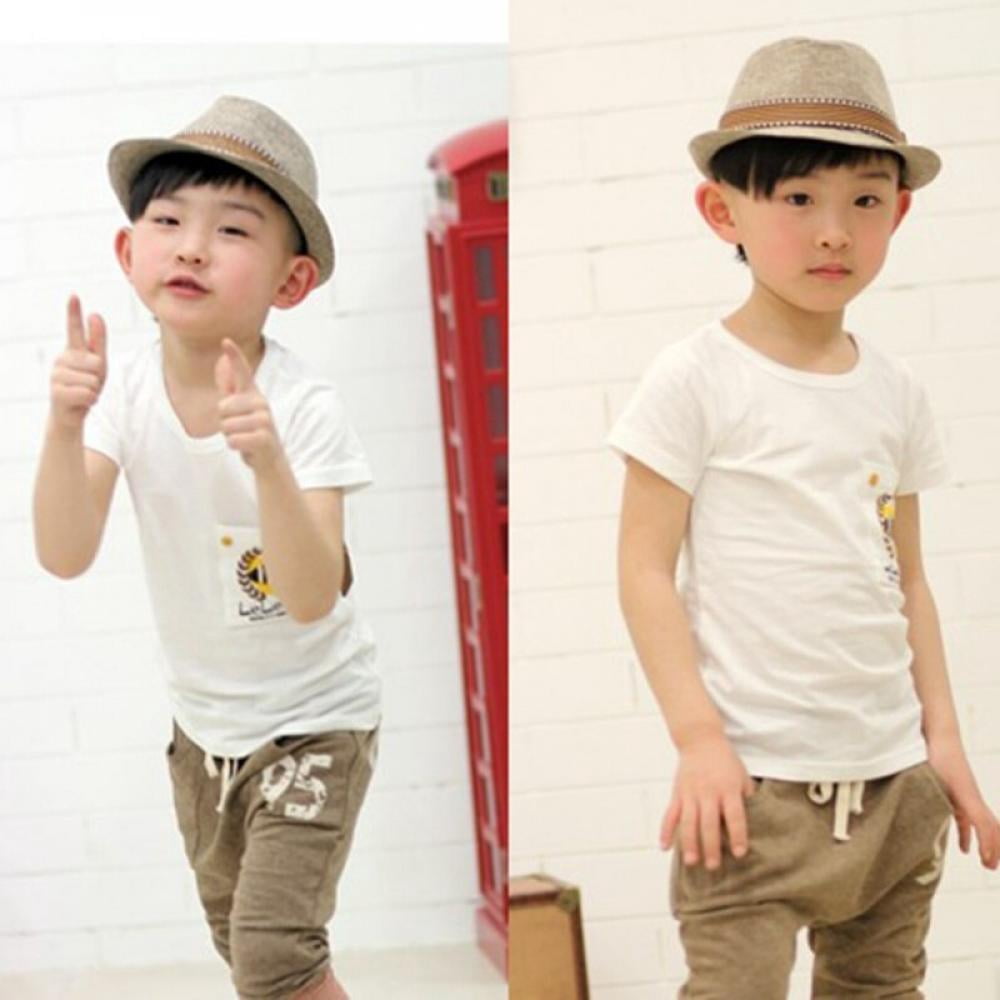 Clearance Kid Boys Fedora Hat Jazz Cap Sun-Hat Short Brim Cotton Photography Trilby Top Sun Hats