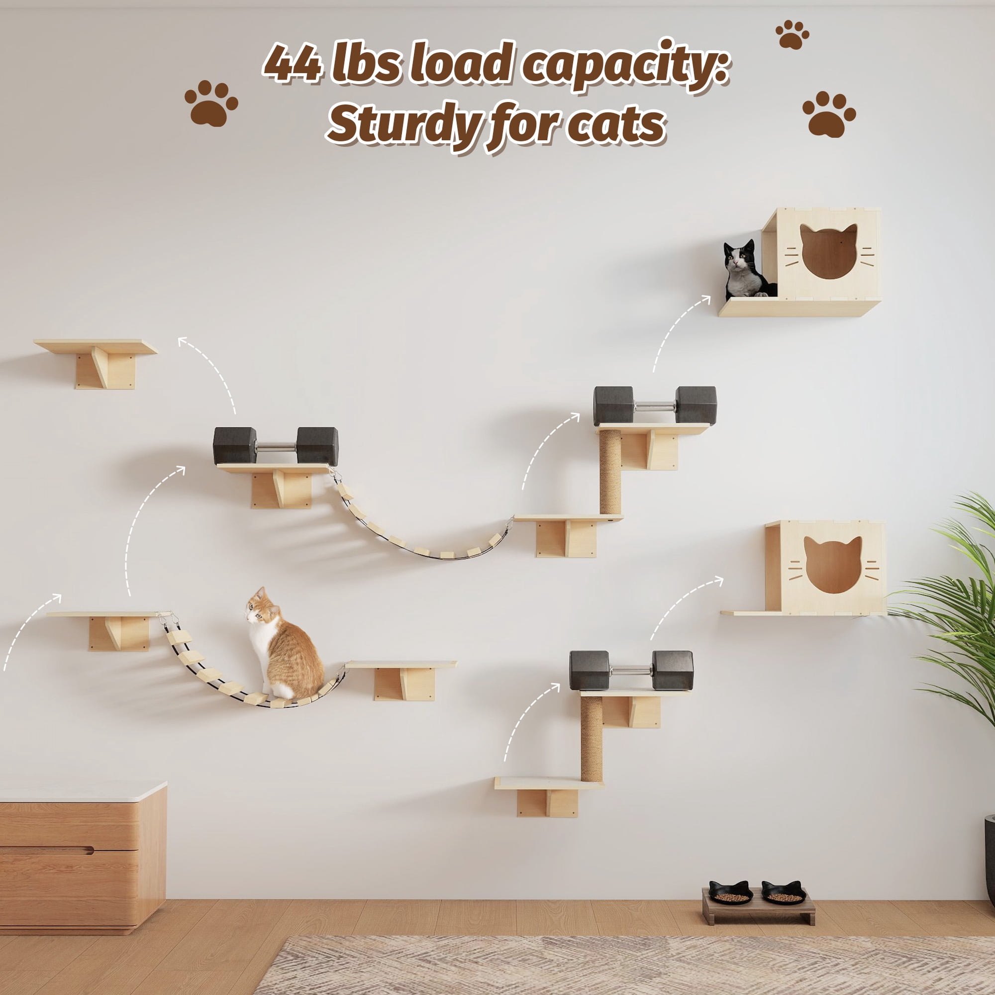 8-in-1 Wall Mounted Cat Shelves Set, Wall Cat Furniture with Scratching Post, Bridge, Condos & Perches for Small/Medium Cats