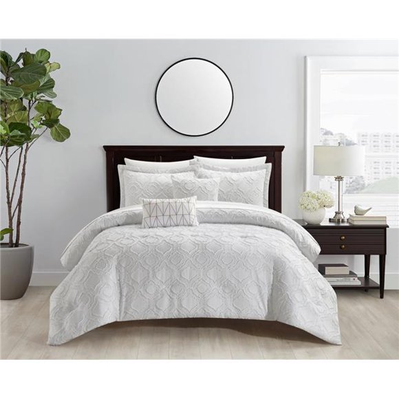 Chic Home BCS32539-US Janai Clip Jacquard Geometric Quatrefoil Pattern Design Bedding Comforter Set&#44; White - King Size - 5 Piece