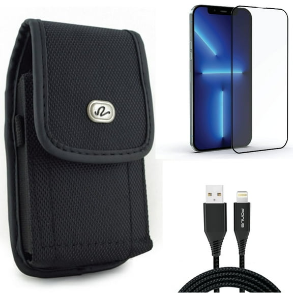 Screen Protector & 10ft USB Cable & Case Belt Clip for iPhone 13 Pro Max ONLY - Anti-Glare Tempered Glass Matte   Charger Cord Power Wire   Rugged Holster Canvas Combo