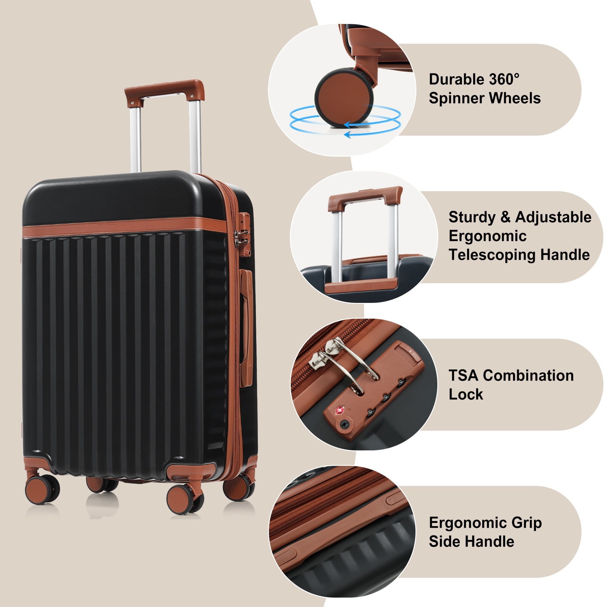 Euroco 3 Piece Front Opening Luggage Set, Hardshell Expandable Carry on Suitcase with Spinner Wheels,USB Port & TSA Lock, Lightweight Luggage for Travel,20in/24in/28in,Black