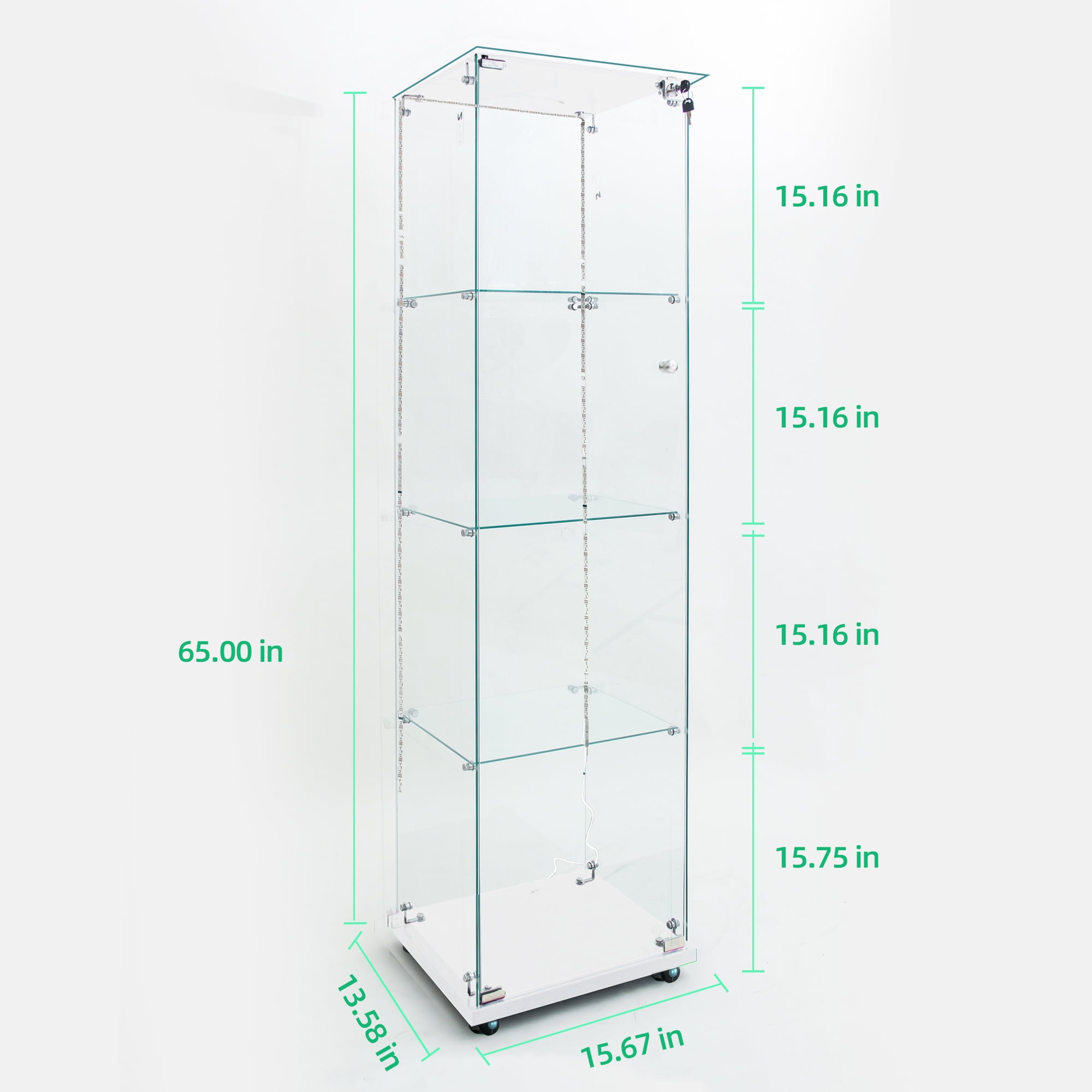 MAYEERTY 4 Tiers Glass Display Cabinet with Bluetooth LED Light Strip, File Storage Cabinet with Door Lock, Tempered Glass Top, White
