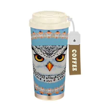 Wobogo White Owl Pattern Double Drinking Coffee Cup Insulated Mug with Food-grade 316 Stainless Steel Beige Lid