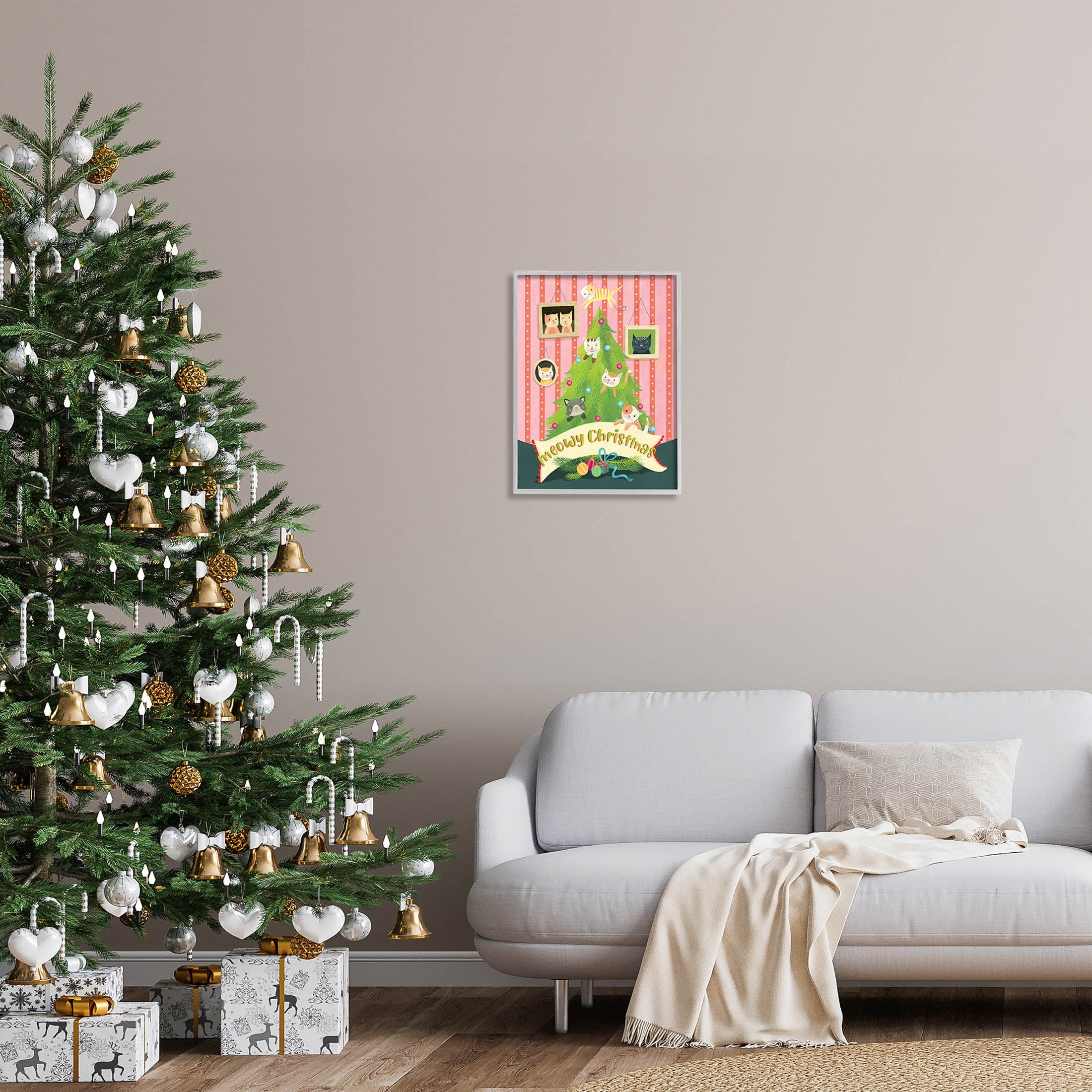 Meowy Christmas Cat Tree Holiday Graphic Art Gray Framed Art Print Wall Art