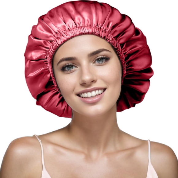VECIIR Gorro de Satén Gorro de Seda para Dormir Mujeres y Hombres Gorro de Pelo Ajustable para Cabello Rizado con Gorro de Doble Capa Rojo Vino - Negro Mediano