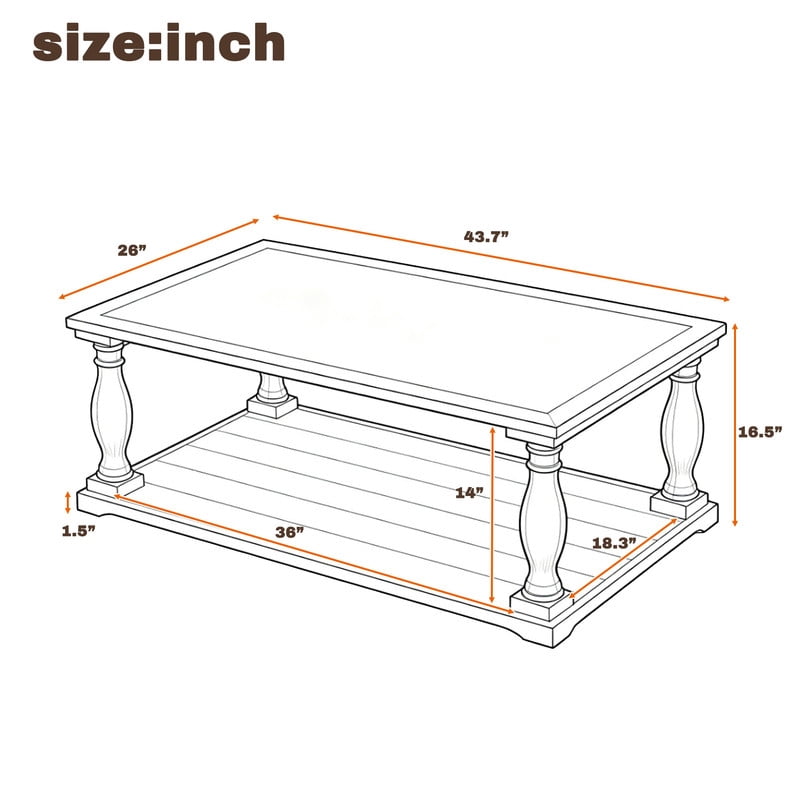Vintage Rectangular Center Coffee Table with Sculptural Spindle Solid Wood Legs, 2-Tier Traditional Wooden Cocktail End Table