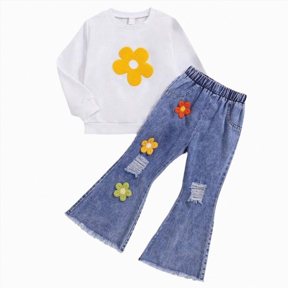 WXFAZCVU Girls Fall Outfits Flower Crewneck Sweatshirt and Flared Jeans Trendy Clothing Set Size 3-4 Years