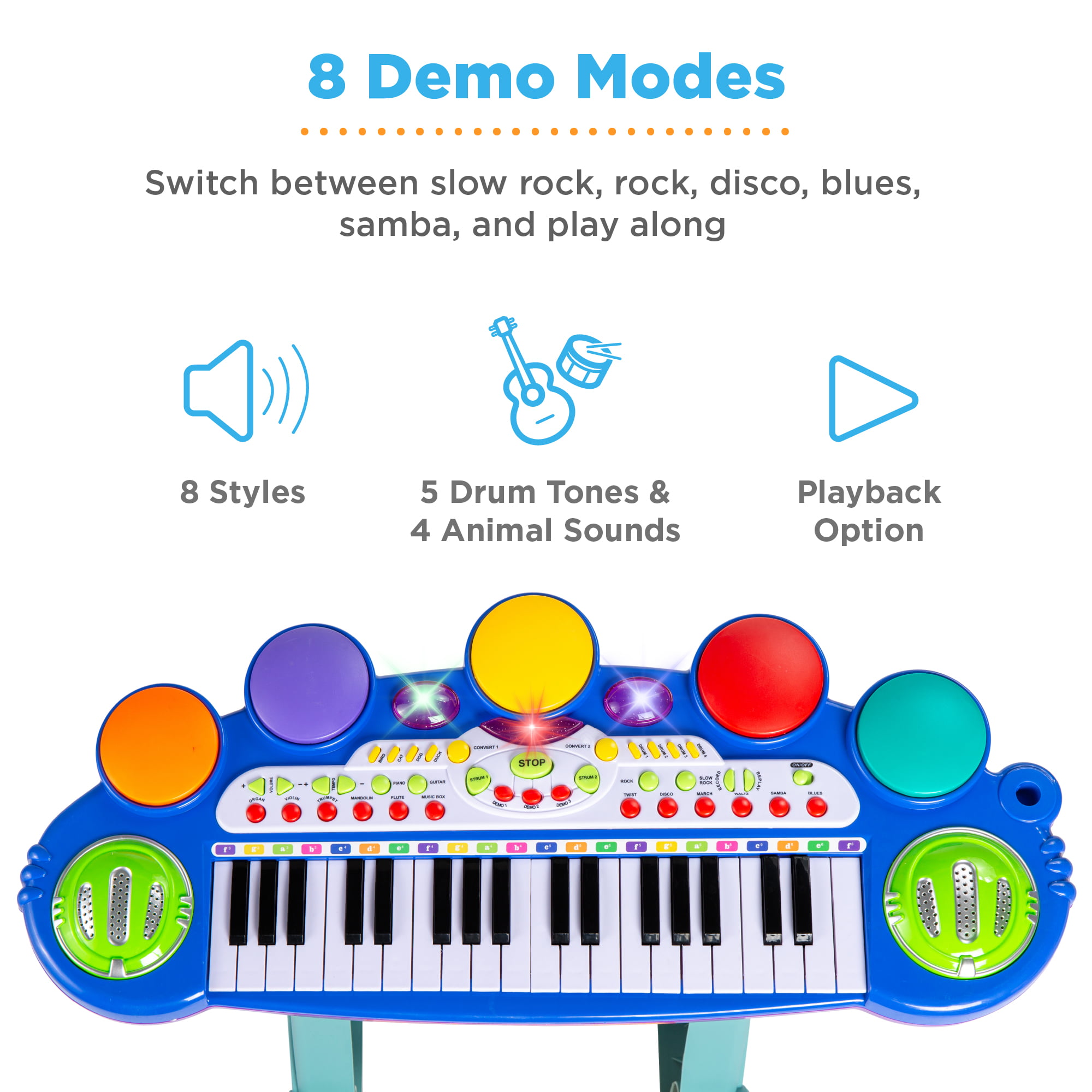 Organ for Kids O.B Toys&Gift Musical Kids Electronic Keyboard 24 Key Piano Music Instruments w/ Microphone & Stool Blue 
