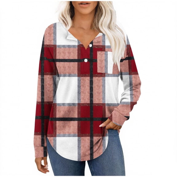 Htigea Plaid Sweatshirts for Women Long Sleeve Button Up Henley Shirts Curved Hem Fall Tunic Tops with Chest Pocket Wine M