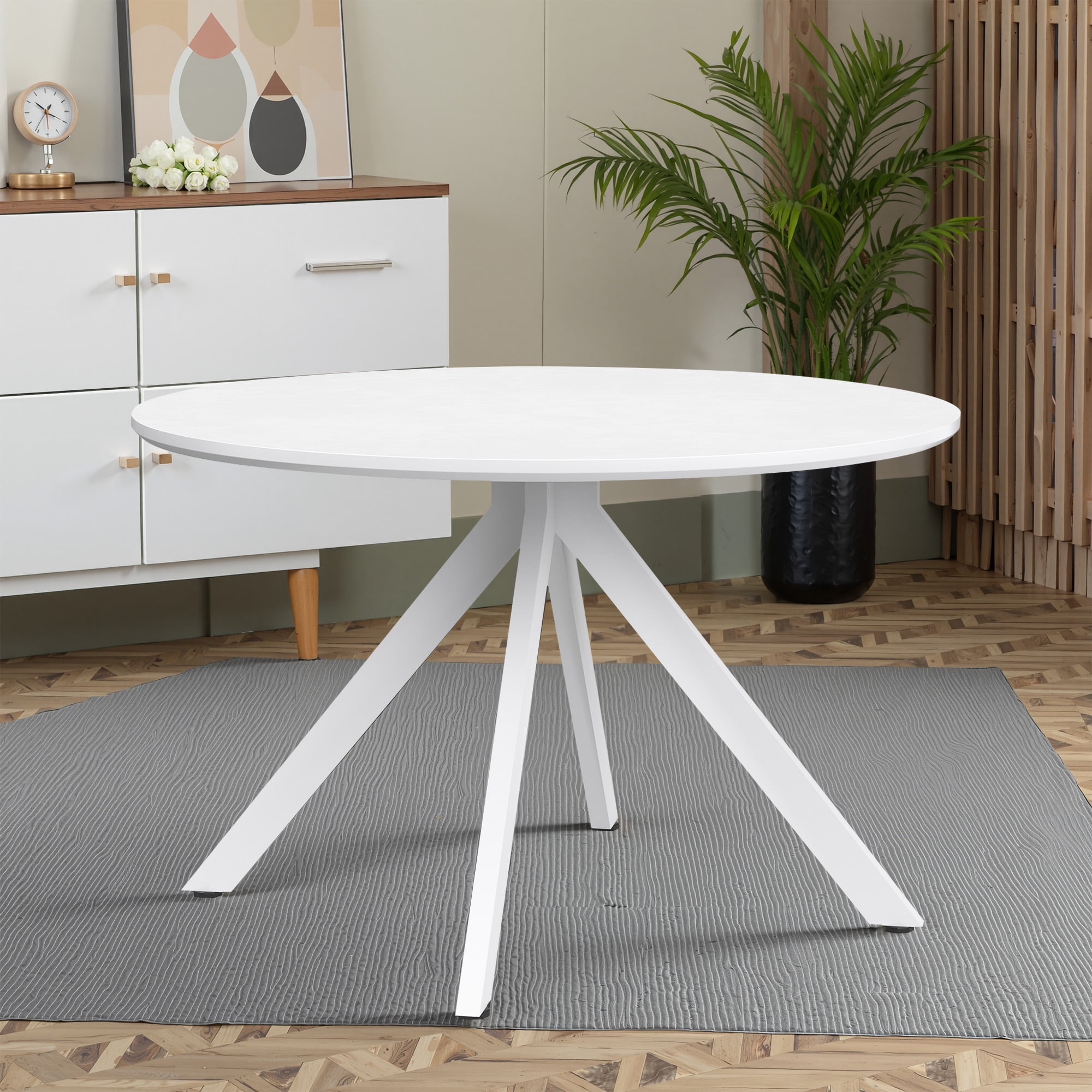 MAYEERTY 47"Round Wooden Dining Table, Metal Frame, Fits 4-6,for Kitchen, Dining, Living Room, White