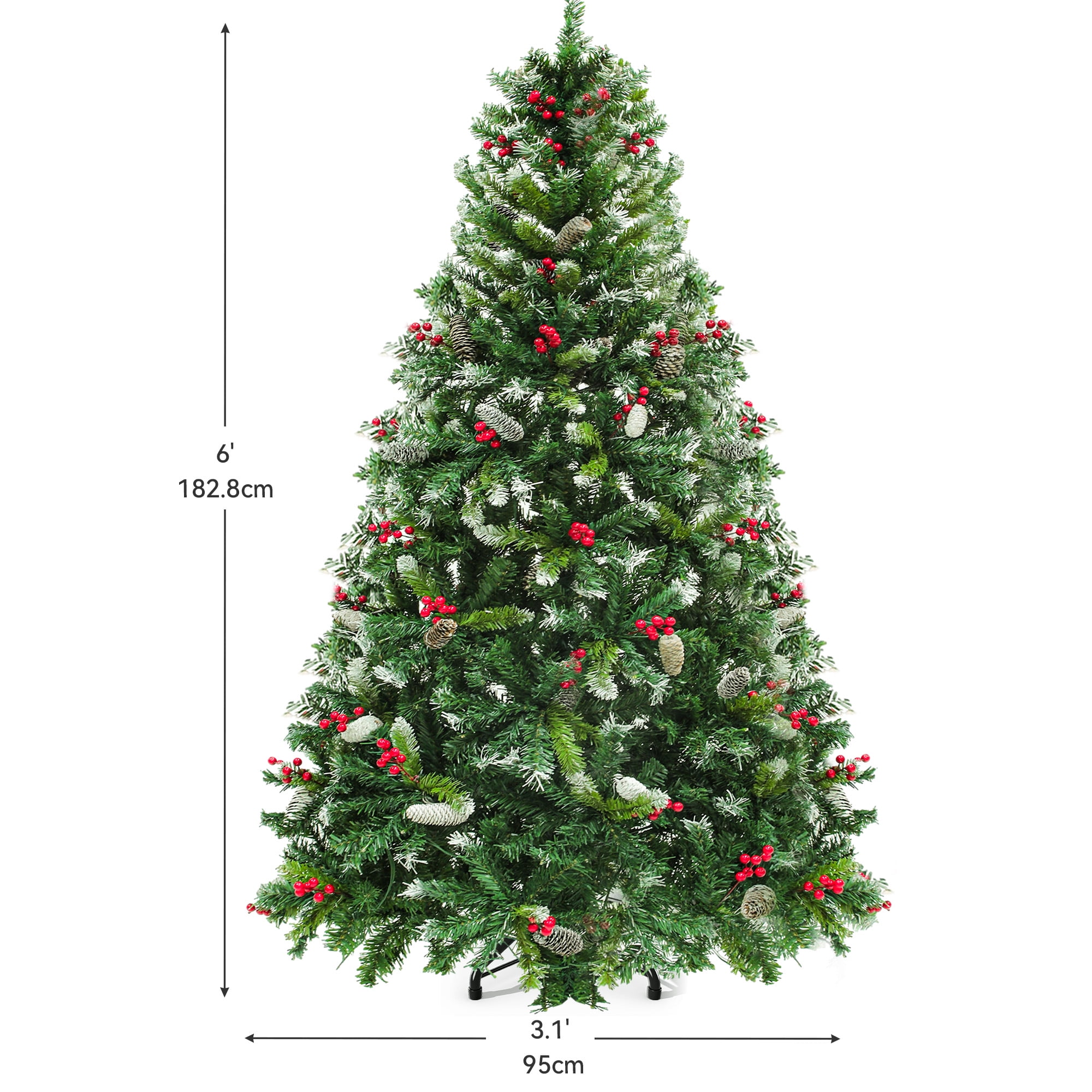 Uforic 6ft Pre-Lit Frosted Pine Christmas Tree with Pine Cones and Red Berries, 818 Branch Tips, 250 LED Lights