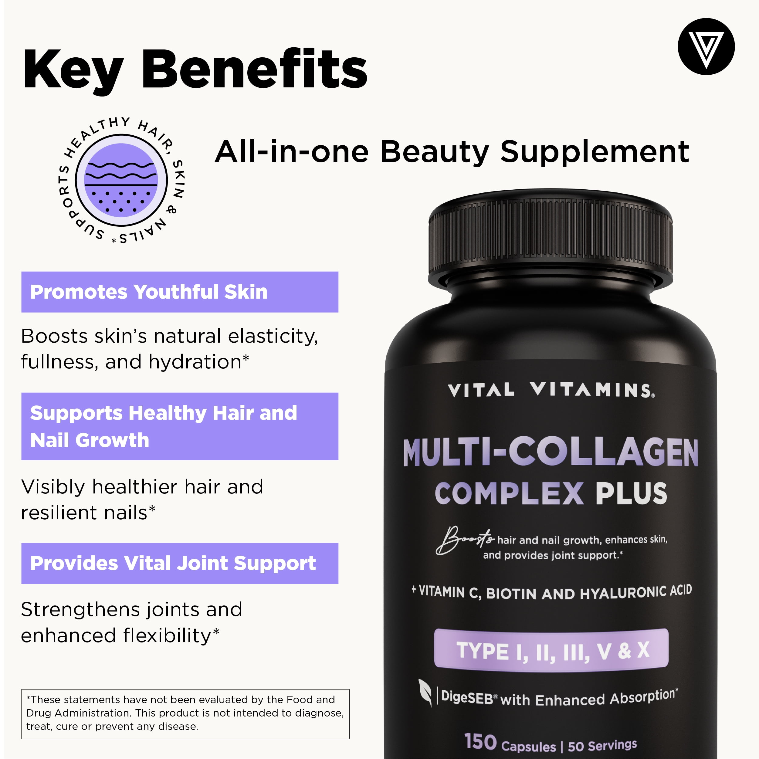 Vital Vitamins Multi Collagen Complex Plus - Biotin, HA, Vit C - Hair, Skin, Nails, Joints - 150 Count