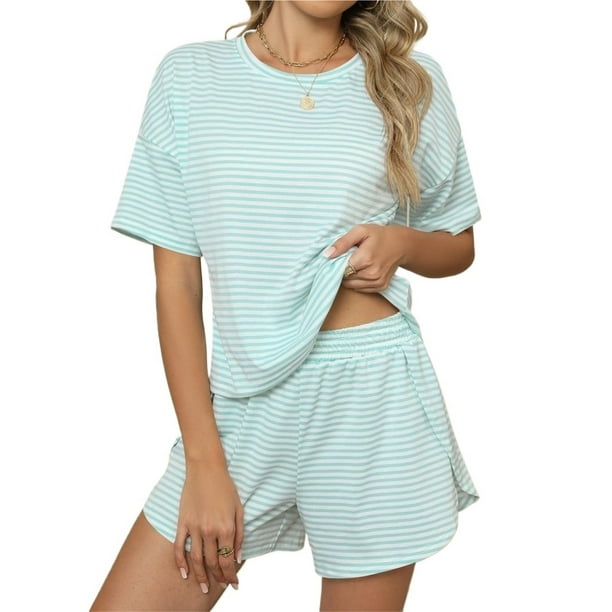 Pijama de verano for mujer, de manga corta a rayas, informal, cómodo, conjunto de 2 piezas for el hogar