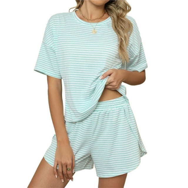 Pijama de verano for mujer, de manga corta a rayas, informal, cómodo, conjunto de 2 piezas for el hogar