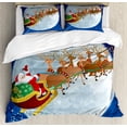 thumbnail image 1 of Santa Duvet Cover Set Queen Size, Fantastic Christmas Night Scenery with Santa Claus on His Sledge Flying to the Moon, Decorative 3 Piece Bedding Set with 2 Pillow Shams, Multicolor, by Ambesonne, 1 of 3