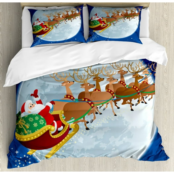 Santa Duvet Cover Set Queen Size, Fantastic Christmas Night Scenery with Santa Claus on His Sledge Flying to the Moon, Decorative 3 Piece Bedding Set with 2 Pillow Shams, Multicolor, by Ambesonne