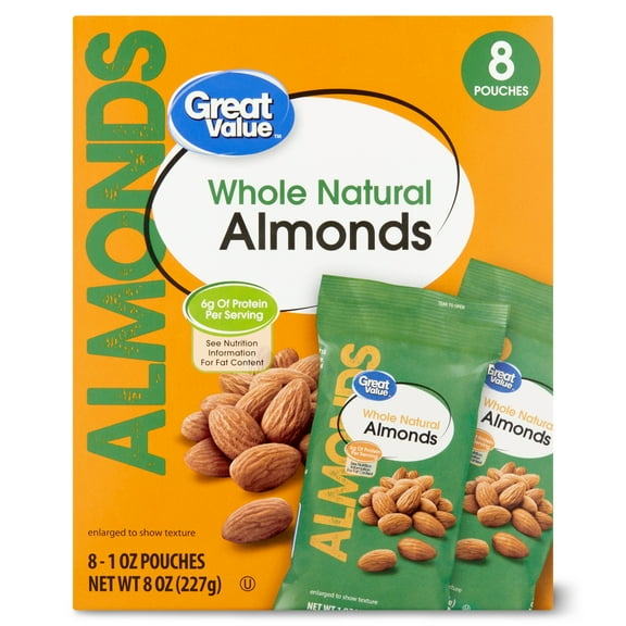 Great Value Whole Natural Almonds, 1 oz, 8 Count