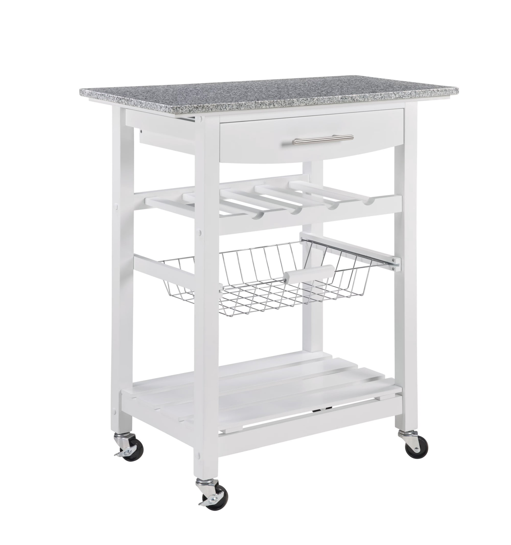 Mobile Rolling Kitchen Island Cart with Marble Top, Kitchen Trolley with Drawer & Slide-Out Wire Basket, Lockable Wheels, Portable Serving Cart for Kitchen, Dining Room, White