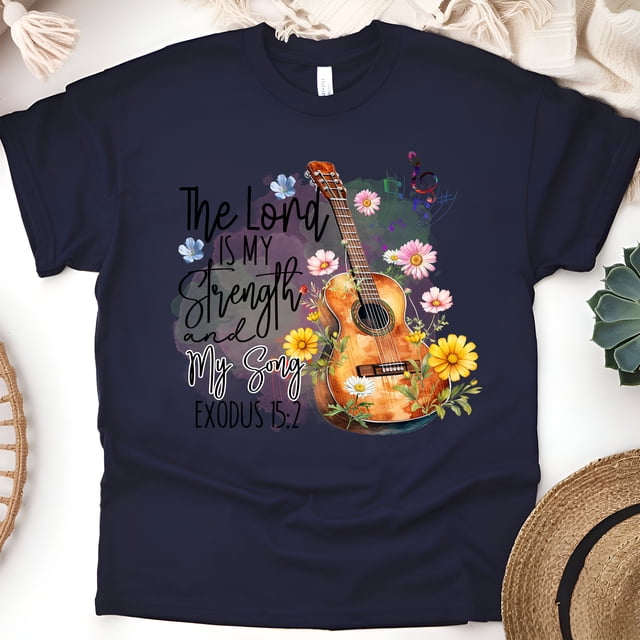 The Lord Is My Strength Christian Guitar Scripture T-Shirt, Navy, Size S