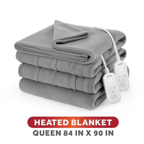 Sunbeam Heated Electric Brushed Fleece Bed Blanket, Gray, Queen Size, 12 Heat Settings, 90 x 84 in