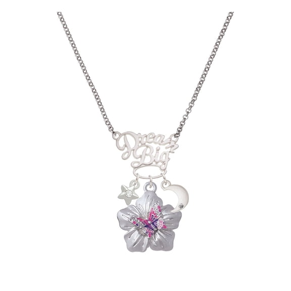 Delight Jewelry Silvertone Pink & Purple Butterfly on Large Flower Silvertone Dream Big Pendant Necklace, 25"