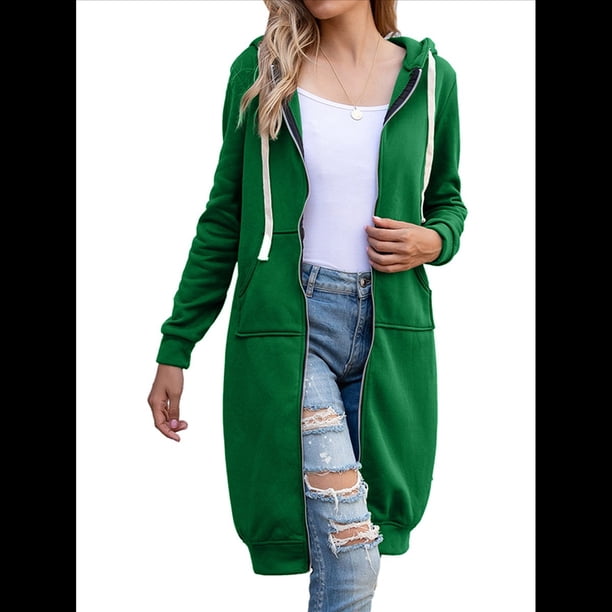 Sudadera con Capucha y Cremallera para Mujer, Chaqueta Informal de Larga para Otoño, Chaquetas Largas de Otoño con Bolsillos, Túnica Verde Hierba S