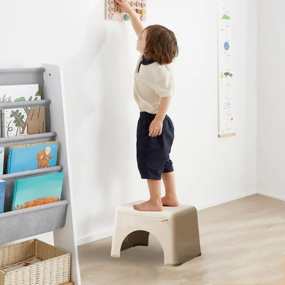 Kids Step Stool with Anti-Slip Feet, 12" Plastic Stackable Toddler Stool for Bathroom Sink, Kitchen, Toilet Training, Lightweight 0.97lb Durable Chair, Weight Bearing, Beige