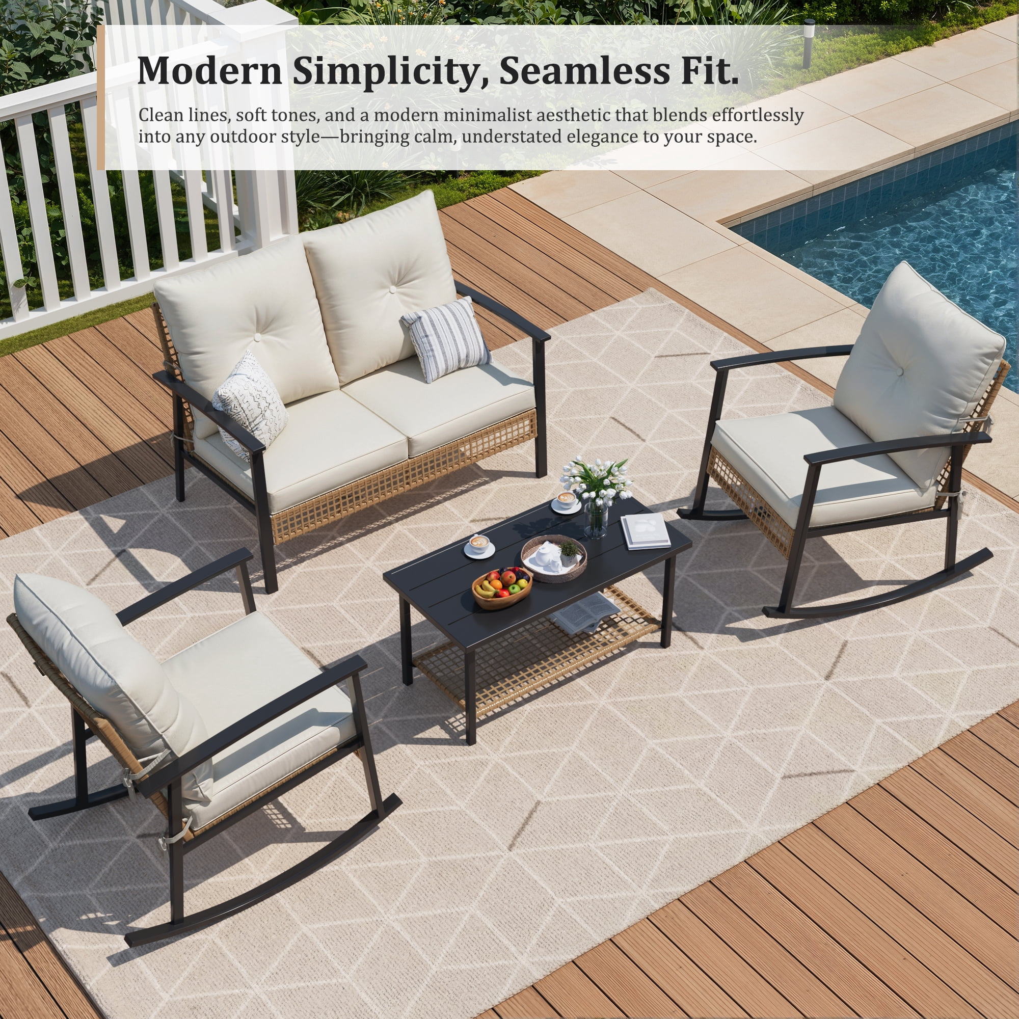 Deersky 4 Pieces Outdoor Patio Furniture Set with 2 All-Weather Wicker Rocking Chairs, Loveseat and Coffee Table, Easy Assembly for Balcony, Porch, Backyard