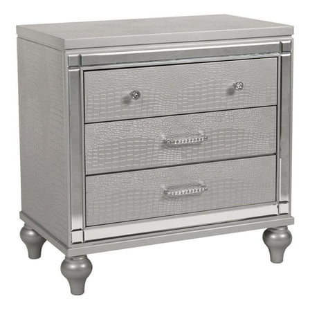 Maklaine Transitional Solid Wood 3-Drawer Nightstand in Silver