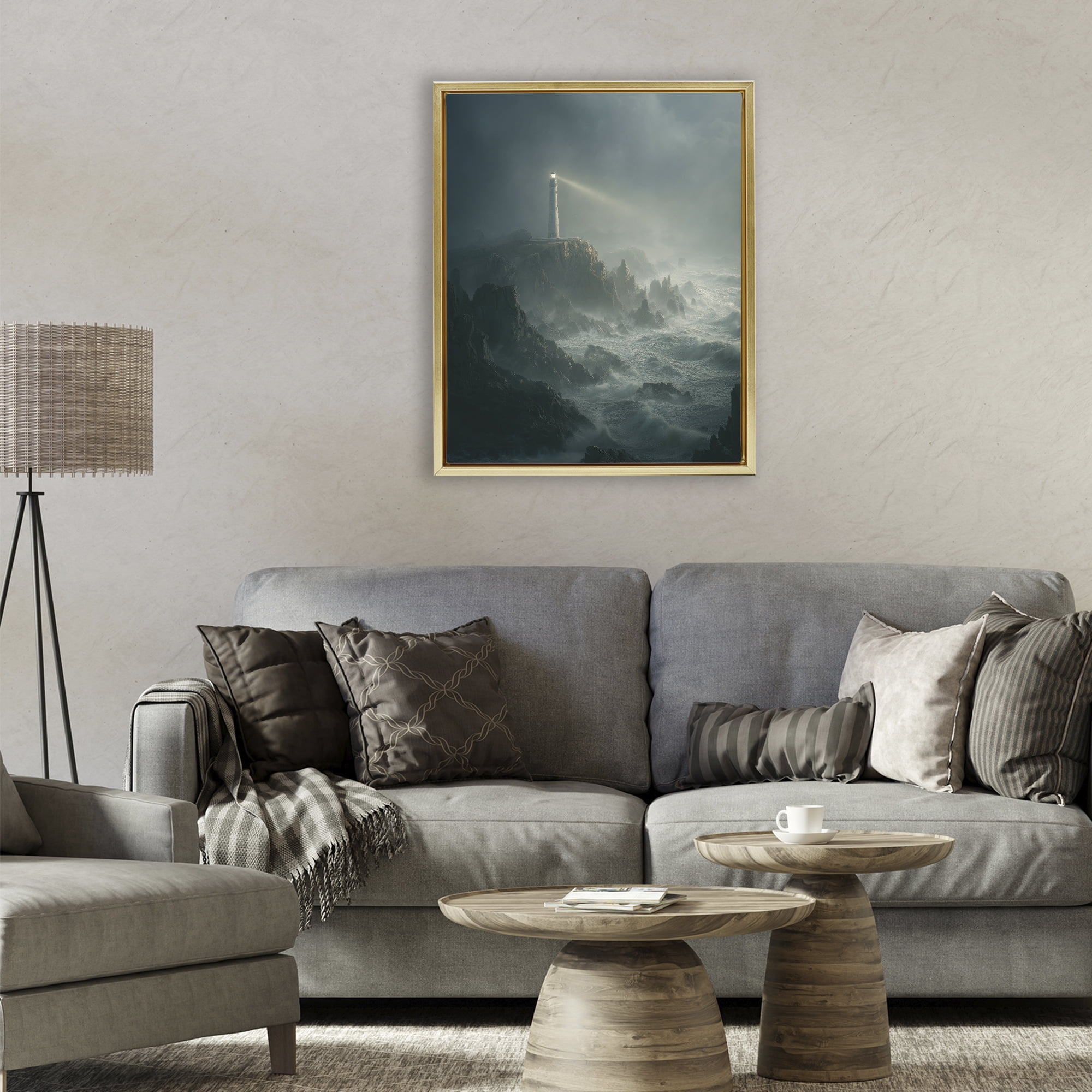 Lighthouse and Stormy Cliff Gold Framed Floater Canvas Wall Art, design by Ziwei Li