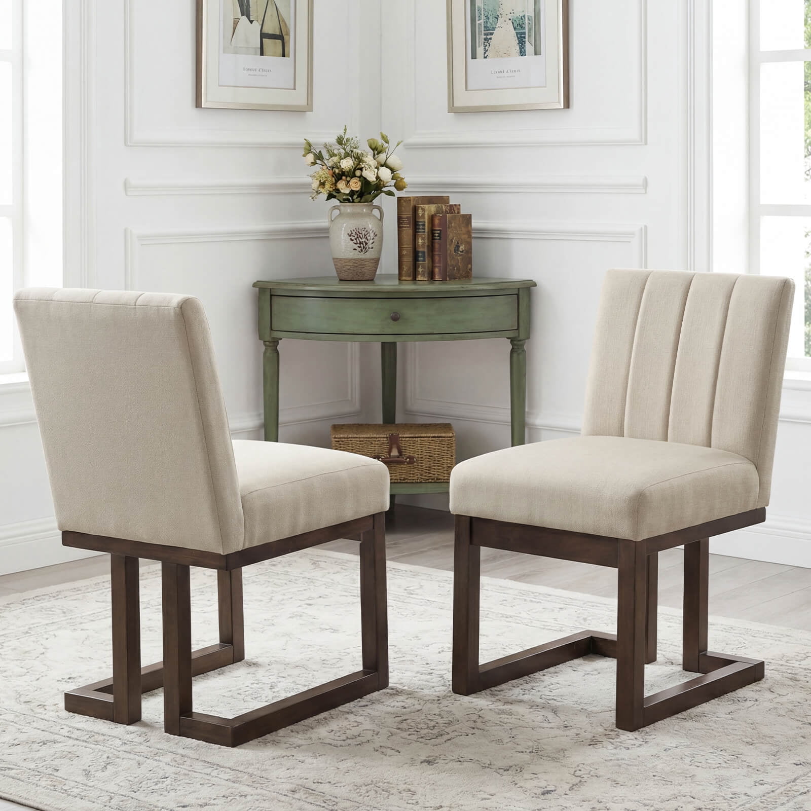 Costway 4PCS Wooden Dining Chairs Modern Farmhouse Fabric Upholstered Kitchen Chairs Walnut
