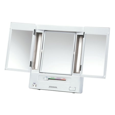 ($50 Value) Jerdon Tabletop Tri-Fold 2-Sided Lighted Makeup Mirror with 5x Magnification and 4-Light Settings, White JGL9W