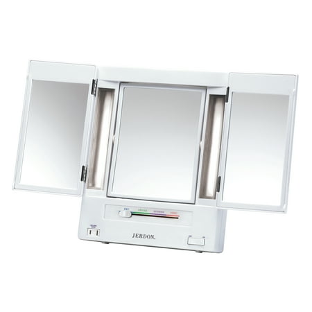 ( Value) Jerdon Style Makeup Mirror in White 5x Magnification with Tabletop Tri-Fold 2-Sided Light, 12.75″ x 3.75″ x 10.75″