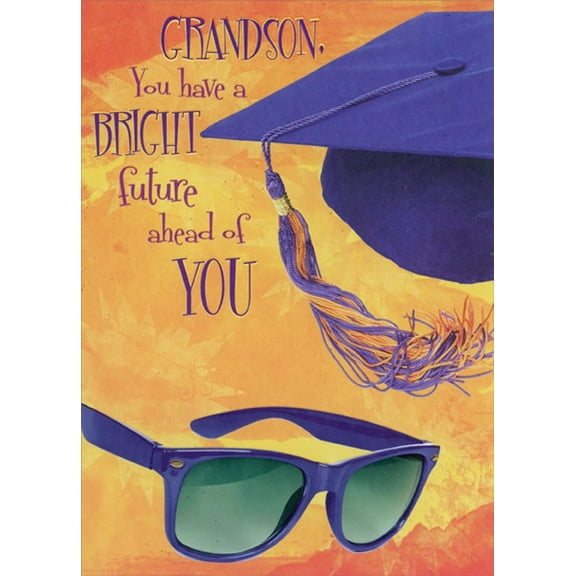 Designer Greetings Blue Grad Cap and Sunglasses on Orange Graduation Congratulations Card for Grandson